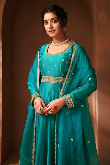 Almaari By Pooja Patel Blue Chanderi, Organza, Silk Sequins, Zardozi Embroidered Peacock Anarkali Set Online at Aza Fashions Almaari By Pooja Patel_Blue Chanderi, Organza, Silk Sequins, Zardozi Embroidered Peacock Anarkali Set _Online_at_Aza_Fashions
