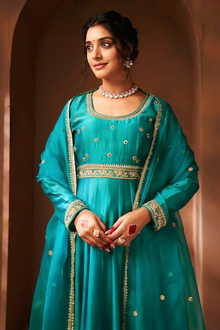 Buy Almaari By Pooja Patel Blue Chanderi, Organza, Silk Sequins, Zardozi Embroidered Peacock Anarkali Set Online at Aza Fashions Buy_Almaari By Pooja Patel_Blue Chanderi, Organza, Silk Sequins, Zardozi Embroidered Peacock Anarkali Set _Online_at_Aza_Fashions