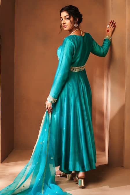 Shop Almaari By Pooja Patel Blue Chanderi, Organza, Silk Sequins, Zardozi Embroidered Peacock Anarkali Set at Aza Fashions Shop_Almaari By Pooja Patel_Blue Chanderi, Organza, Silk Sequins, Zardozi Embroidered Peacock Anarkali Set _at_Aza_Fashions