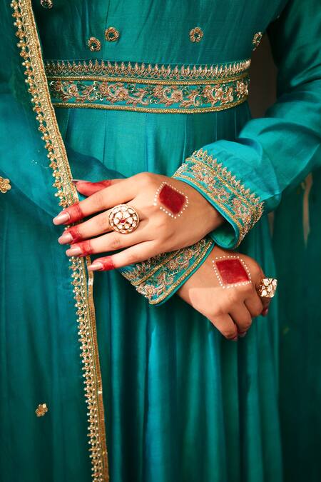 Shop Almaari By Pooja Patel Blue Chanderi, Organza, Silk Sequins, Zardozi Embroidered Peacock Anarkali Set Online at Aza Fashions Shop_Almaari By Pooja Patel_Blue Chanderi, Organza, Silk Sequins, Zardozi Embroidered Peacock Anarkali Set _Online_at_Aza_Fashions