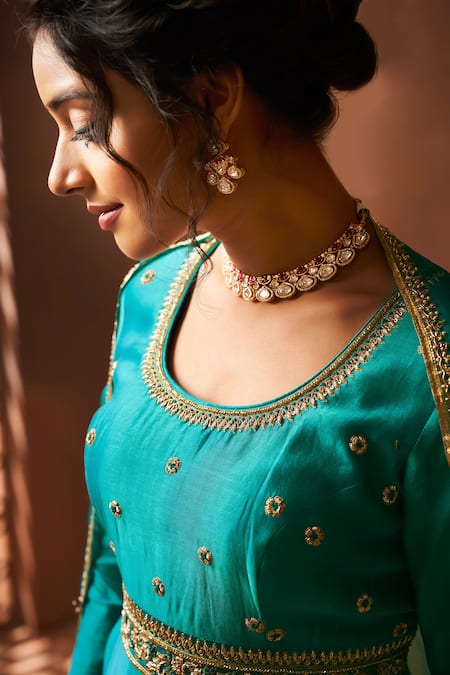 Almaari By Pooja Patel Blue Chanderi, Organza, Silk Sequins, Zardozi Embroidered Peacock Anarkali Set at Aza Fashions Almaari By Pooja Patel_Blue Chanderi, Organza, Silk Sequins, Zardozi Embroidered Peacock Anarkali Set _at_Aza_Fashions