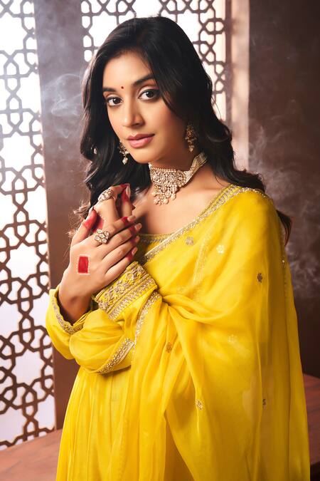 Almaari By Pooja Patel Yellow Chanderi, Organza, Silk Zari, Sequins Zardozi Embroidered Anarkali Set Online at Aza Fashions Almaari By Pooja Patel_Yellow Chanderi, Organza, Silk Zari, Sequins Zardozi Embroidered Anarkali Set _Online_at_Aza_Fashions