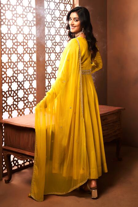 Shop Almaari By Pooja Patel Yellow Chanderi, Organza, Silk Zari, Sequins Zardozi Embroidered Anarkali Set at Aza Fashions Shop_Almaari By Pooja Patel_Yellow Chanderi, Organza, Silk Zari, Sequins Zardozi Embroidered Anarkali Set _at_Aza_Fashions