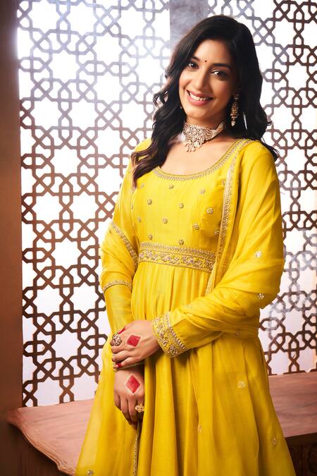 Buy Almaari By Pooja Patel Yellow Chanderi, Organza, Silk Zari, Sequins Zardozi Embroidered Anarkali Set Online at Aza Fashions Buy_Almaari By Pooja Patel_Yellow Chanderi, Organza, Silk Zari, Sequins Zardozi Embroidered Anarkali Set _Online_at_Aza_Fashions