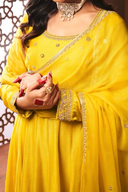 Shop Almaari By Pooja Patel Yellow Chanderi, Organza, Silk Zari, Sequins Zardozi Embroidered Anarkali Set Online at Aza Fashions Shop_Almaari By Pooja Patel_Yellow Chanderi, Organza, Silk Zari, Sequins Zardozi Embroidered Anarkali Set _Online_at_Aza_Fashions