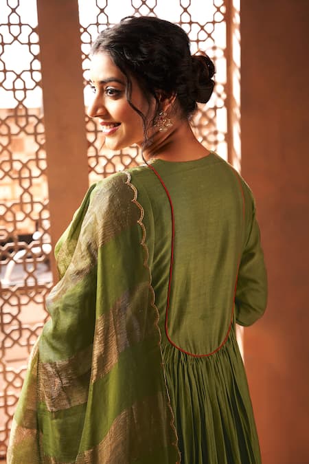 Buy Almaari By Pooja Patel Green Chanderi, Silk Sequins, Embroidery Round Neck Anarkali Set Online at Aza Fashions Buy_Almaari By Pooja Patel_Green Chanderi, Silk Sequins, Embroidery Round Neck Anarkali Set _Online_at_Aza_Fashions