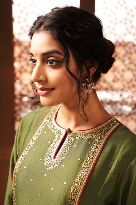 Shop Almaari By Pooja Patel Green Chanderi, Silk Sequins, Embroidery Round Neck Anarkali Set Online at Aza Fashions Shop_Almaari By Pooja Patel_Green Chanderi, Silk Sequins, Embroidery Round Neck Anarkali Set _Online_at_Aza_Fashions