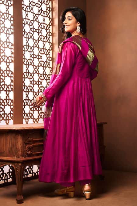 Shop_Almaari By Pooja Patel_Pink Chanderi, Silk Sequins, Embroidery Round Neck Yoke Anarkali Set _at_Aza_Fashions
