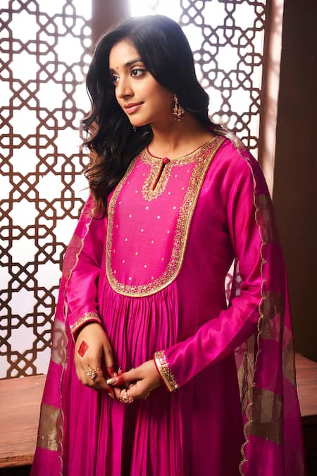 Almaari By Pooja Patel_Pink Chanderi, Silk Sequins, Embroidery Round Neck Yoke Anarkali Set _Online_at_Aza_Fashions