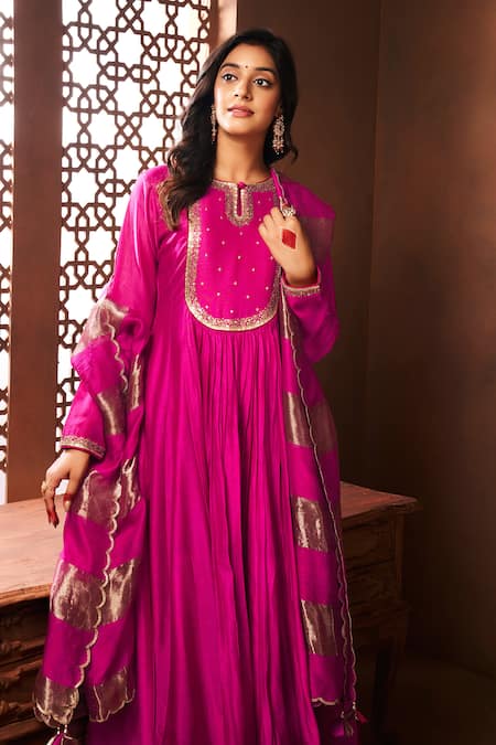 Buy_Almaari By Pooja Patel_Pink Chanderi, Silk Sequins, Embroidery Round Neck Yoke Anarkali Set _Online_at_Aza_Fashions