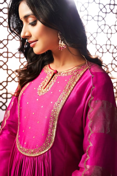 Shop_Almaari By Pooja Patel_Pink Chanderi, Silk Sequins, Embroidery Round Neck Yoke Anarkali Set _Online_at_Aza_Fashions