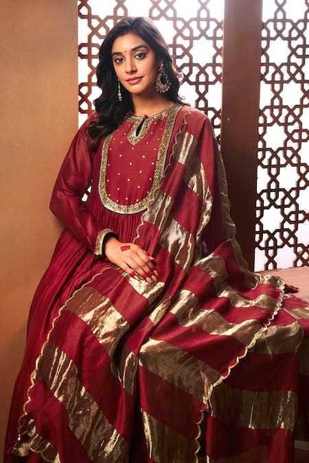 Shop_Almaari By Pooja Patel_Red Chanderi, Silk Sequins Round Neck Yoke Anarkali Set _Online_at_Aza_Fashions