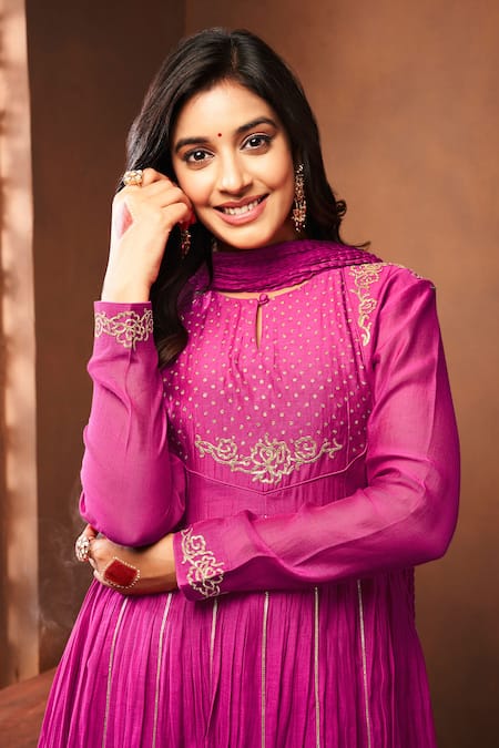 Almaari By Pooja Patel_Pink Chanderi, Silk Gota Patti, Embroidered Anarkali Set With Dupatta And Pant _Online_at_Aza_Fashions