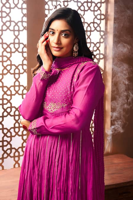 Buy_Almaari By Pooja Patel_Pink Chanderi, Silk Gota Patti, Embroidered Anarkali Set With Dupatta And Pant _Online_at_Aza_Fashions