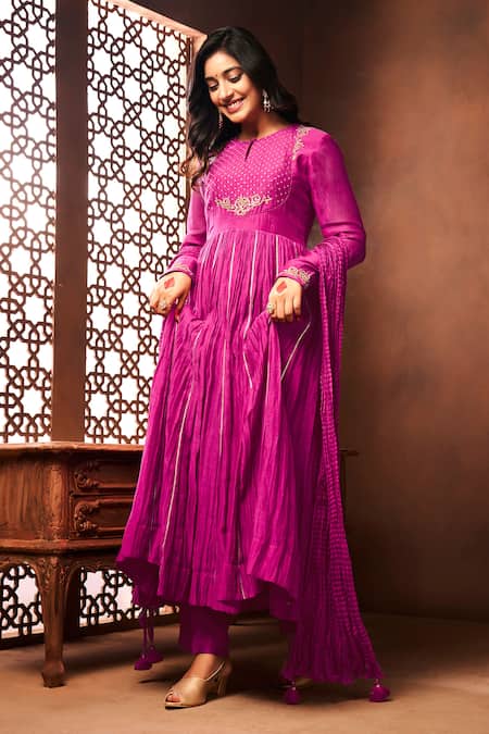 Shop_Almaari By Pooja Patel_Pink Chanderi, Silk Gota Patti, Embroidered Anarkali Set With Dupatta And Pant _Online_at_Aza_Fashions