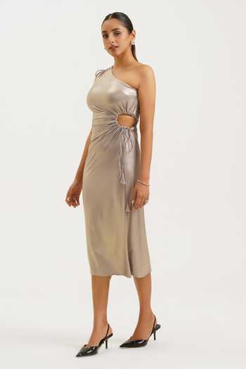 Buy Silver Microfiber Asymmetric Cutout Midi Dress For Women by Keoo Online  at Aza Fashions.
