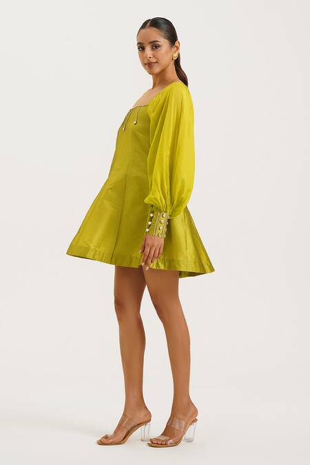 Keoo_Green Silk, Organza, Cotton Stones Square Neck Lime Embellished Skater Dress_Online_at_Aza_Fashions