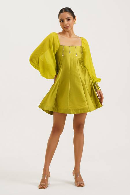 Buy_Keoo_Green Silk, Organza, Cotton Stones Square Neck Lime Embellished Skater Dress_Online_at_Aza_Fashions
