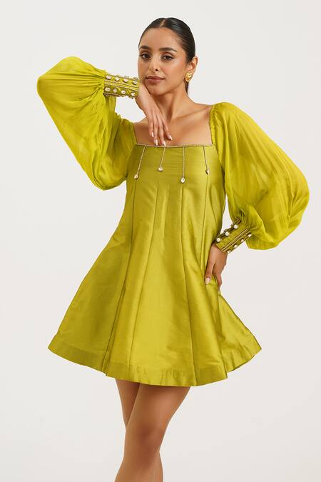 Keoo_Green Silk, Organza, Cotton Stones Square Neck Lime Embellished Skater Dress_at_Aza_Fashions