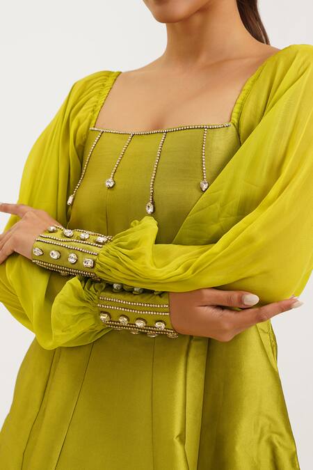 Buy_Keoo_Green Silk, Organza, Cotton Stones Square Neck Lime Embellished Skater Dress