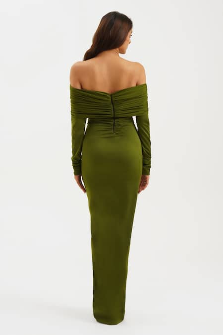 Shop_Keoo_Green Lycra Off-shoulder Olive Off Draped Gown _at_Aza_Fashions