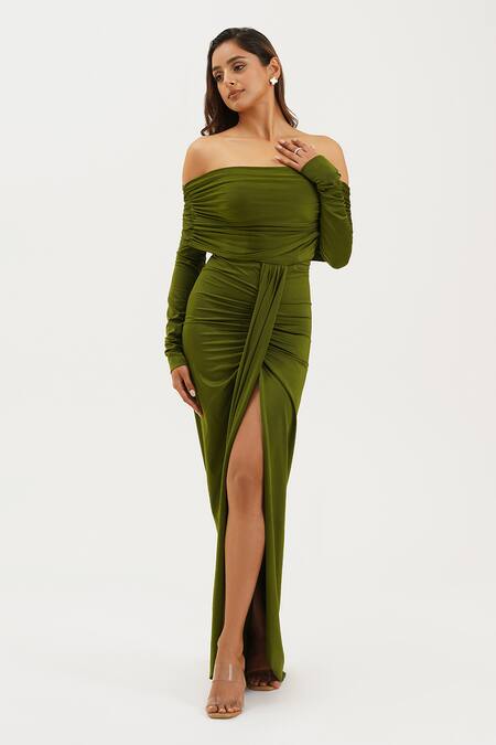Keoo_Green Lycra Off-shoulder Olive Off Draped Gown _Online_at_Aza_Fashions