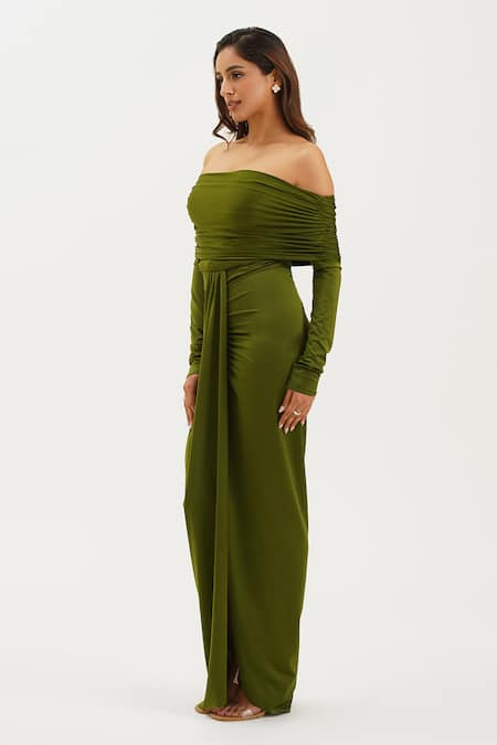 Buy_Keoo_Green Lycra Off-shoulder Olive Off Draped Gown _Online_at_Aza_Fashions