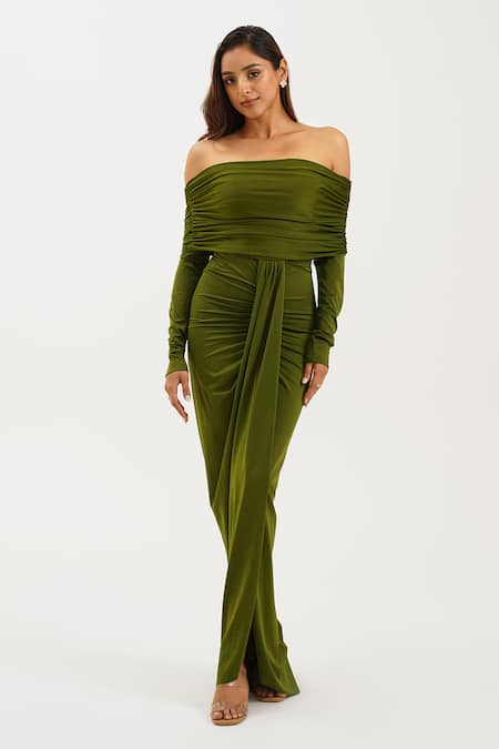 Shop_Keoo_Green Lycra Off-shoulder Olive Off Draped Gown _Online_at_Aza_Fashions