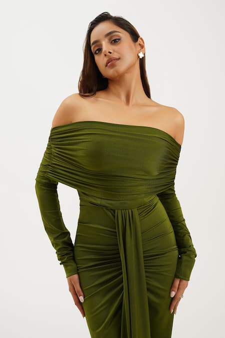 Keoo_Green Lycra Off-shoulder Olive Off Draped Gown _at_Aza_Fashions