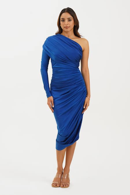 Keoo_Blue Lycra Asymmetric Electric One Shoulder Dress_Online_at_Aza_Fashions