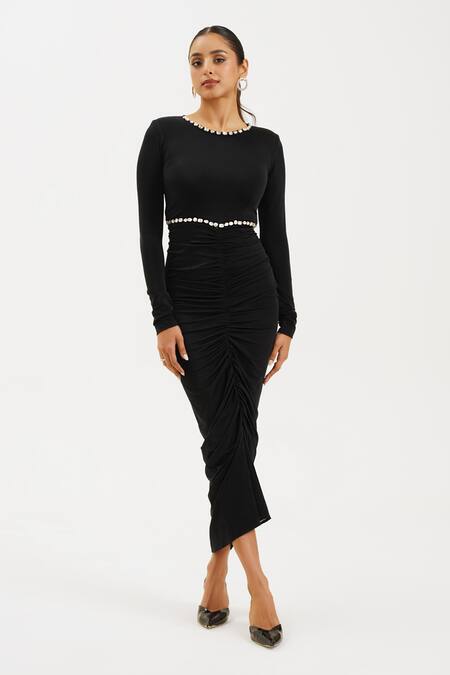 Buy_Keoo_Black Lycra Stones Round Neck Embellished Bodycon Dress_Online_at_Aza_Fashions