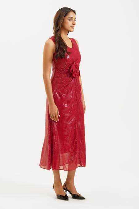 Keoo_Maroon Georgette, Cotton Sequins, Fabric Flowers 3d Embellished Midi Dress_Online_at_Aza_Fashions