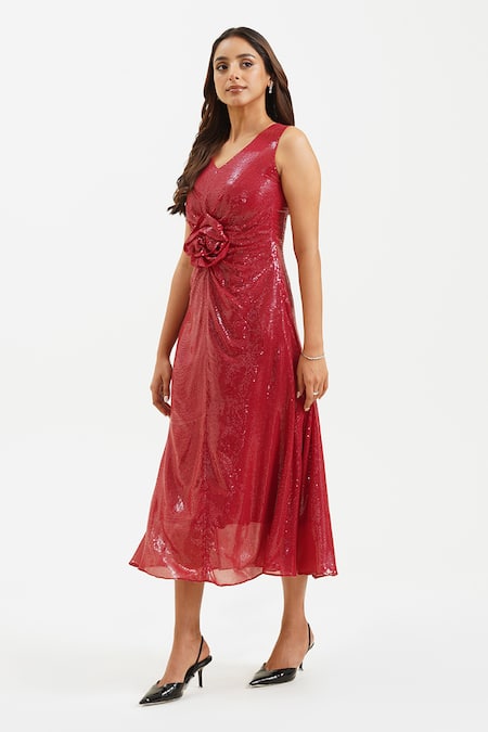 Shop_Keoo_Maroon Georgette, Cotton Sequins, Fabric Flowers 3d Embellished Midi Dress_Online_at_Aza_Fashions