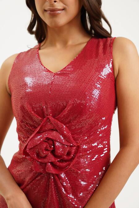 Buy_Keoo_Maroon Georgette, Cotton Sequins, Fabric Flowers 3d Embellished Midi Dress