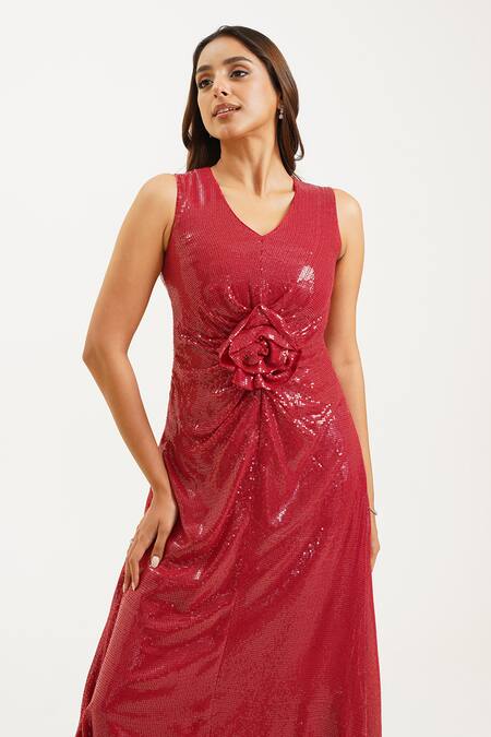 Shop_Keoo_Maroon Georgette, Cotton Sequins, Fabric Flowers 3d Embellished Midi Dress