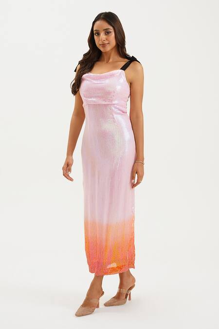Keoo_Pink Georgette, Cotton Sequins Cowl Neck And Peach Ombre Gown_Online_at_Aza_Fashions