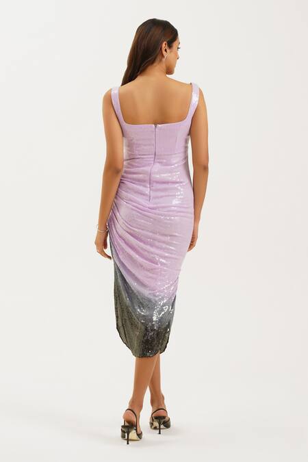 Shop Keoo Multi Color Georgette, Cotton Sequins Square Neck Lilac Ombre Draped Midi Dress at Aza Fashions Shop_Keoo_Multi Color Georgette, Cotton Sequins Square Neck Lilac Ombre Draped Midi Dress_at_Aza_Fashions