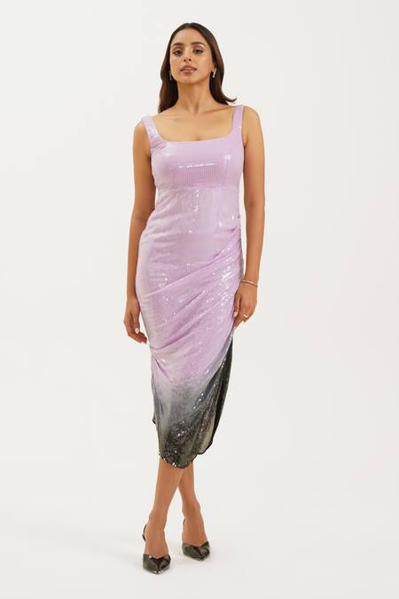 Keoo Multi Color Georgette, Cotton Sequins Square Neck Lilac Ombre Draped Midi Dress Online at Aza Fashions Keoo_Multi Color Georgette, Cotton Sequins Square Neck Lilac Ombre Draped Midi Dress_Online_at_Aza_Fashions
