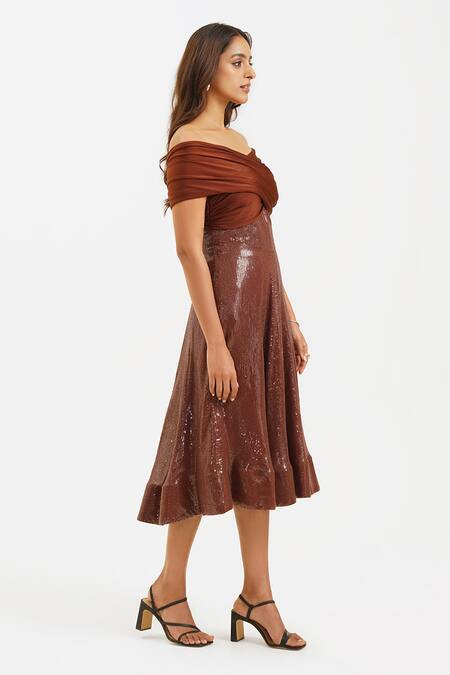 Keoo_Brown Cotton, Lycra, Georgette Sequins Off-shoulder Draped Bodice Midi Dress_Online_at_Aza_Fashions