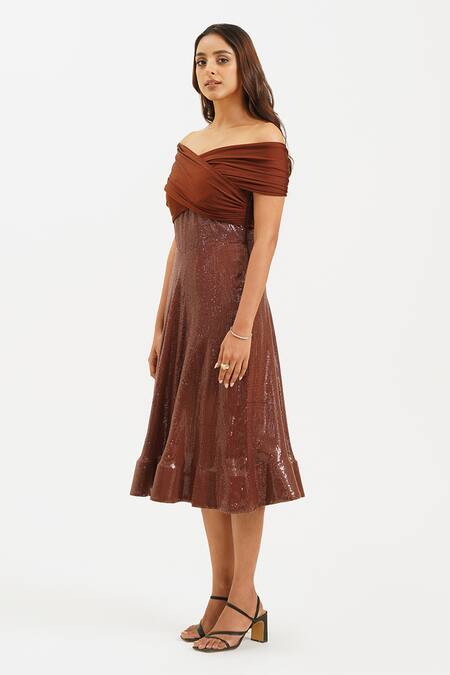 Keoo_Brown Cotton, Lycra, Georgette Sequins Off-shoulder Draped Bodice Midi Dress_at_Aza_Fashions