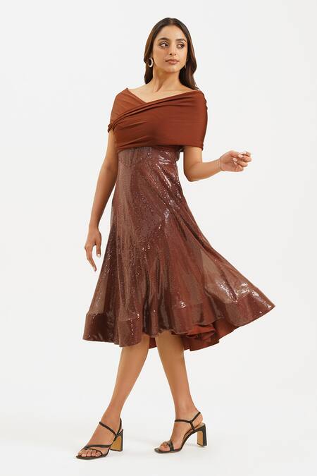 Buy_Keoo_Brown Cotton, Lycra, Georgette Sequins Off-shoulder Draped Bodice Midi Dress