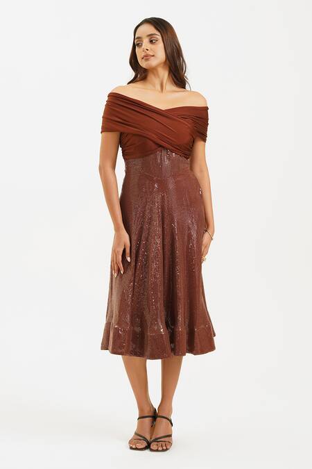Shop_Keoo_Brown Cotton, Lycra, Georgette Sequins Off-shoulder Draped Bodice Midi Dress