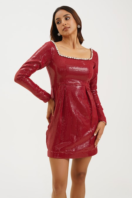 Buy_Keoo_Maroon Georgette, Cotton Sequins, Crystals Square Neck Embellished Short Dress_Online_at_Aza_Fashions