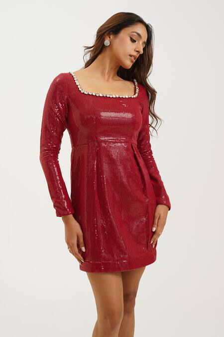Shop_Keoo_Maroon Georgette, Cotton Sequins, Crystals Square Neck Embellished Short Dress_Online_at_Aza_Fashions