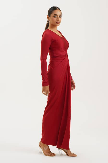 Keoo_Maroon Lycra, Cotton V-neck Solid Draped Maxi Dress_Online_at_Aza_Fashions