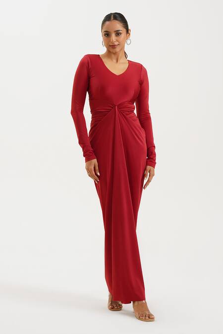 Buy_Keoo_Maroon Lycra, Cotton V-neck Solid Draped Maxi Dress_Online_at_Aza_Fashions