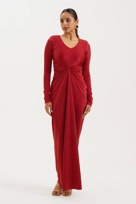 Shop_Keoo_Maroon Lycra, Cotton V-neck Solid Draped Maxi Dress_Online_at_Aza_Fashions