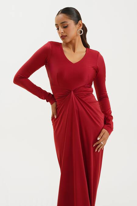 Keoo_Maroon Lycra, Cotton V-neck Solid Draped Maxi Dress_at_Aza_Fashions