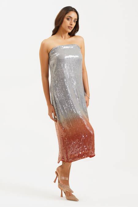 Keoo_Silver Cotton, Georgette Sequins Off-shoulder Ombre Tube Dress_Online_at_Aza_Fashions
