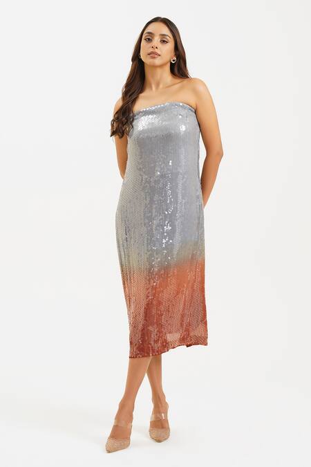Shop_Keoo_Silver Cotton, Georgette Sequins Off-shoulder Ombre Tube Dress_Online_at_Aza_Fashions